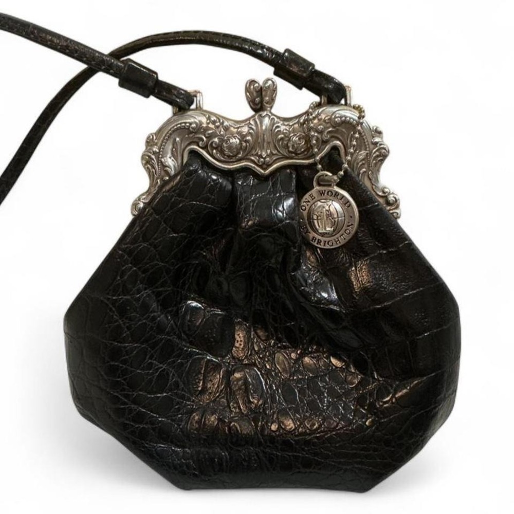 VTG‎ Brighton Crossbody Bag Women Small Black Croc Embossed Kiss Lock Pouch